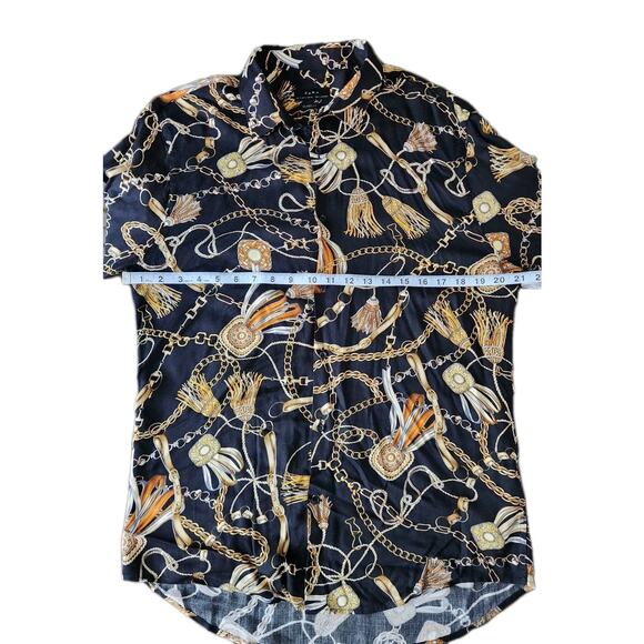 Zara Long sleeve Chain Tassel Baroque Print Shirt Tunic Top Black Gold Size M - Picture 5 of 6